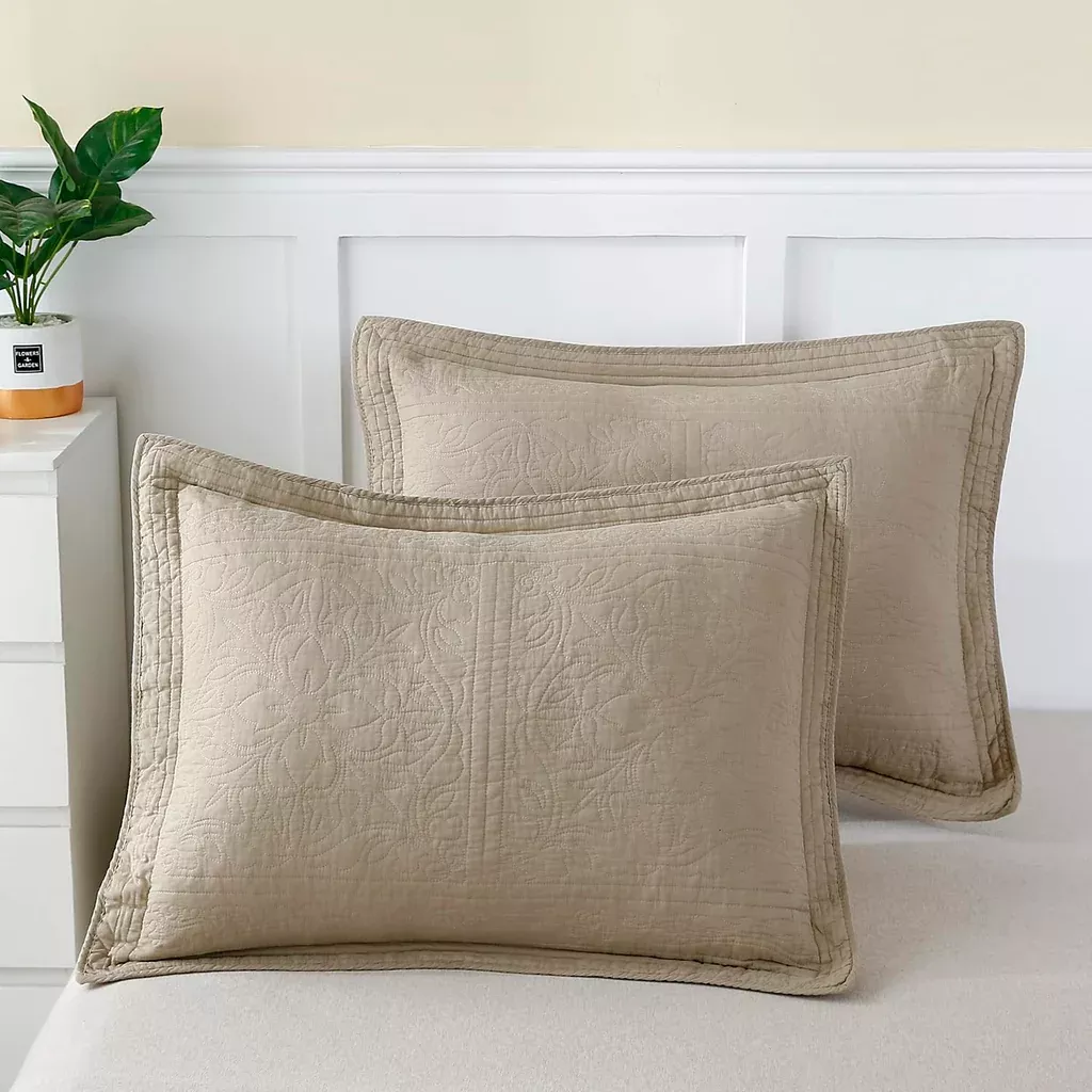 100-cotton-quilted-pillow-sham-floral-printed-pillow-cover-king-size-khaki 100% Cotton Quilted Pillow Sham Floral Printed Pillow Cover King Size (Khaki)