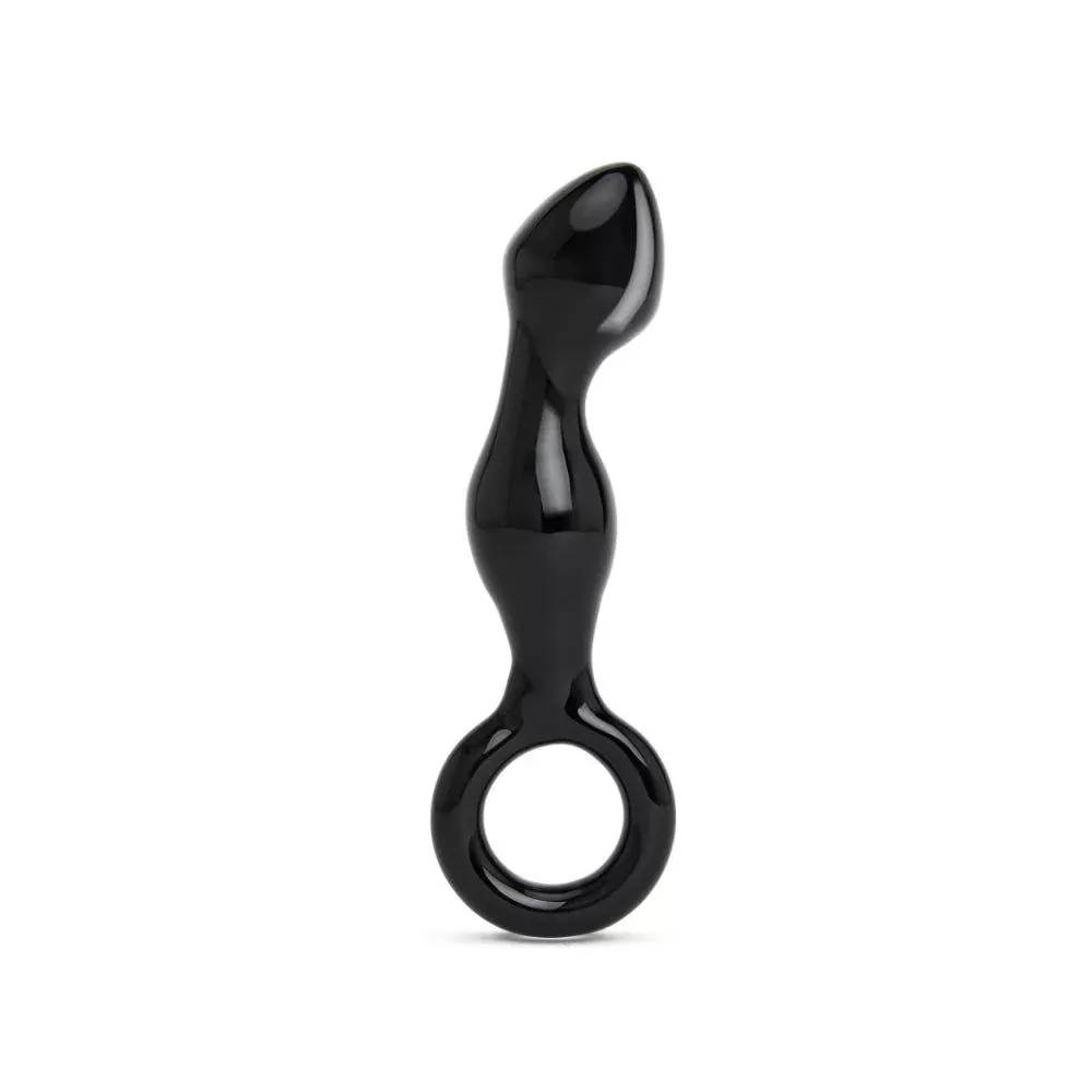6-5-curved-black-beaded-glass-butt-plug-with-ring 6.5" Curved Black Beaded Glass Butt Plug with Ring