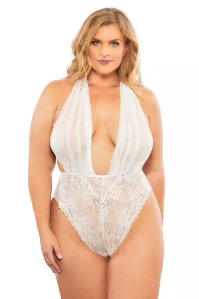 aria-mesh-plunge-halter-teddy-white-one-size-queen Aria Mesh Plunge Halter Teddy - White - One Size/Queen