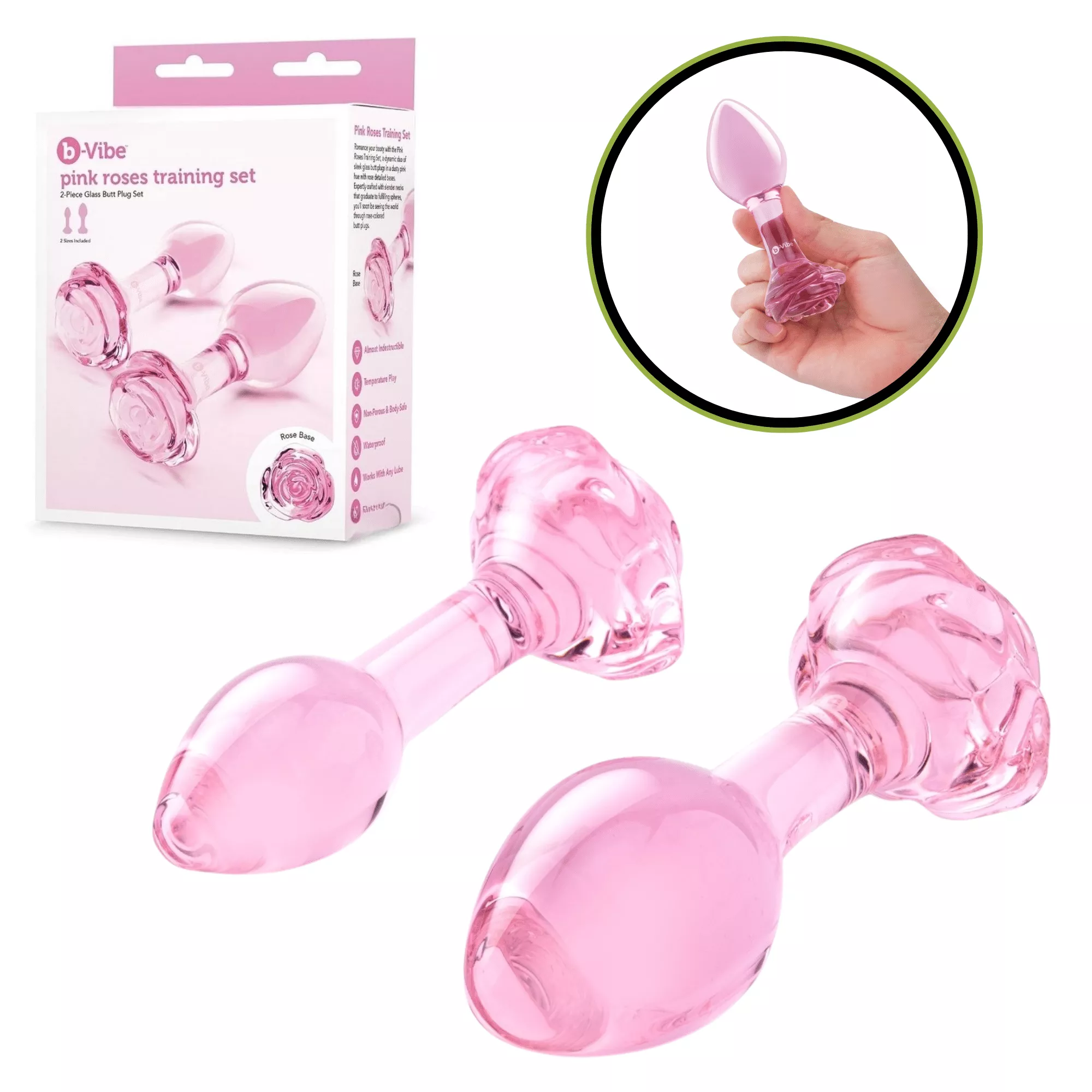 b-vibe-pink-roses-glass-tapered-tip-butt-plugs-beginners-training-set B Vibe Pink Roses Glass Tapered Tip Butt Plugs For Beginners Training Set