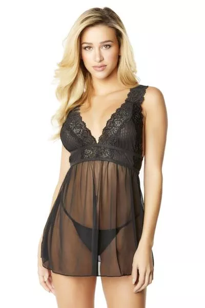 Black - Nora Mesh and Lace Babydoll with G-String -