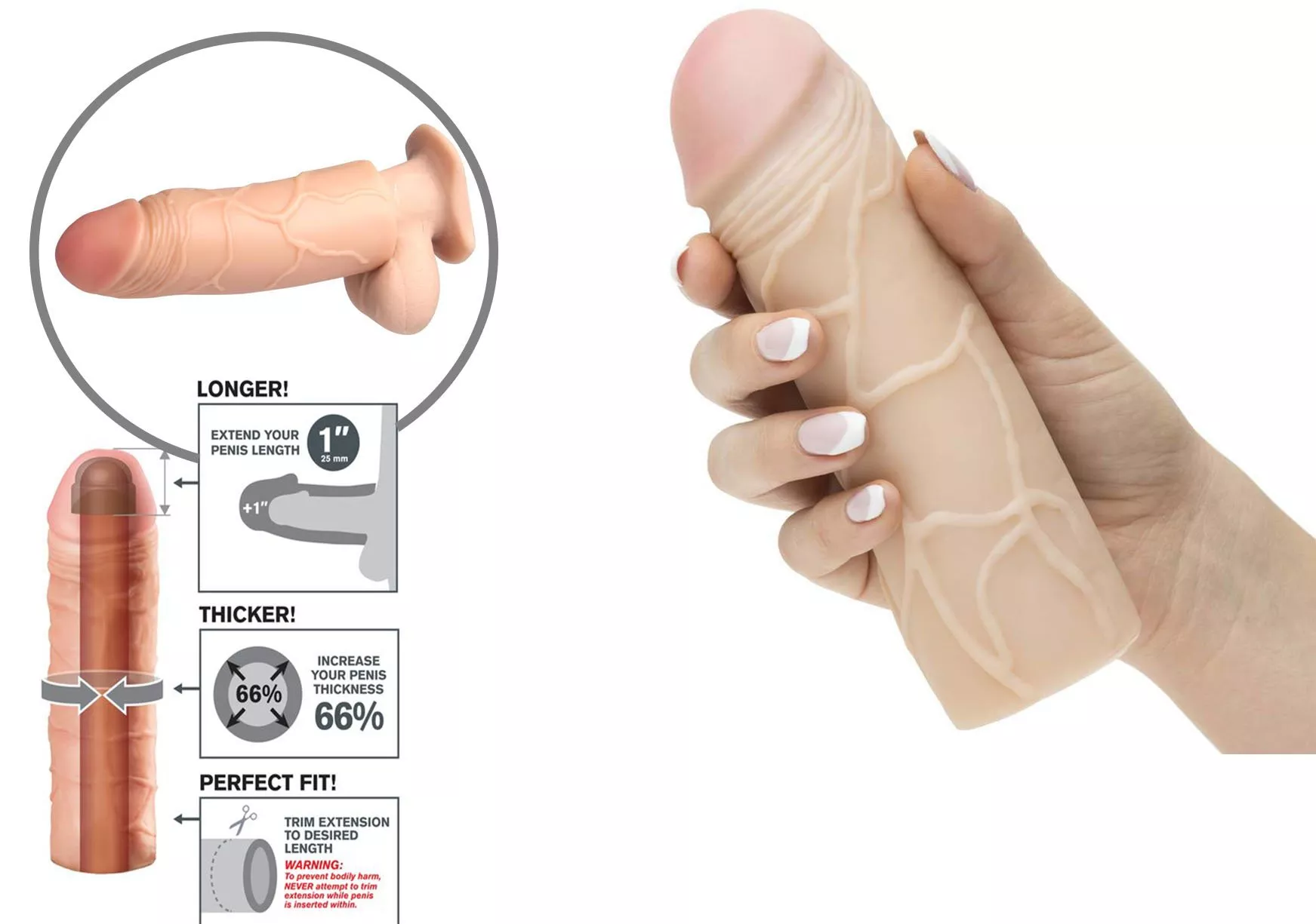 Fantasy Xtensions Mega 1 Inch Extension Realistic Penis Sleeve Flesh 7 Inch