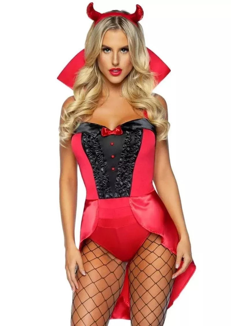 "Leg Avenue Devilish Darling Tux and Tails Bodysuit with Stay Up Collar, Pin-On Devil Tail, and Sequin Devil Horn Headband"