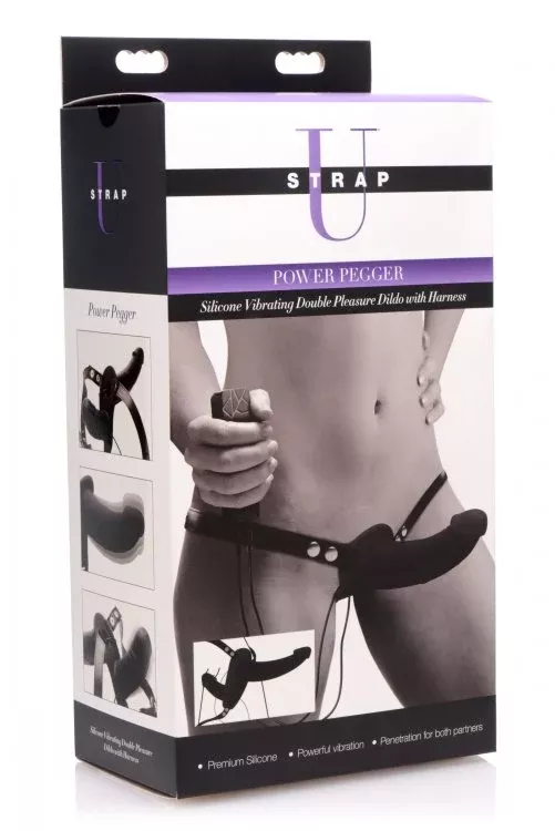 Power Pegger Silicone Vibrating Double Dildo WithHarness - Black