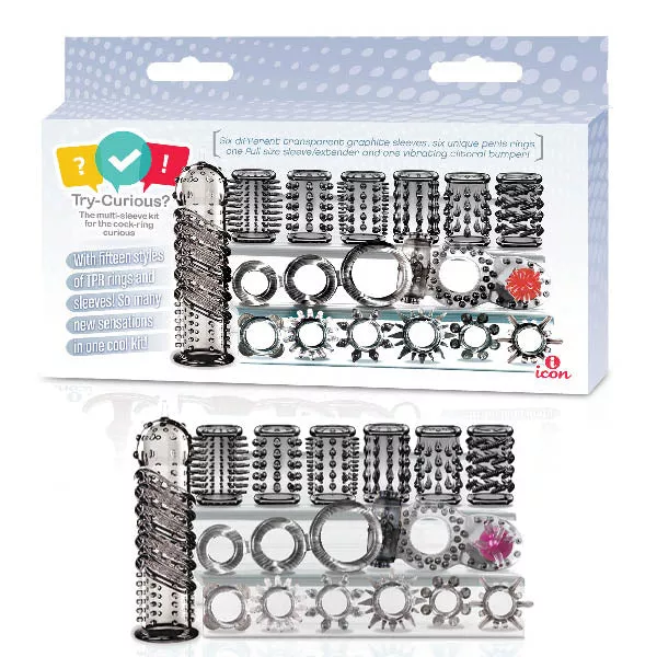 try-curious-cock-ring-sleeve-set-clear-15-piece-set-ic8014-2 Try-Curious Cock Ring & Sleeve Set - Clear - 15 Piece Set - IC8014-2