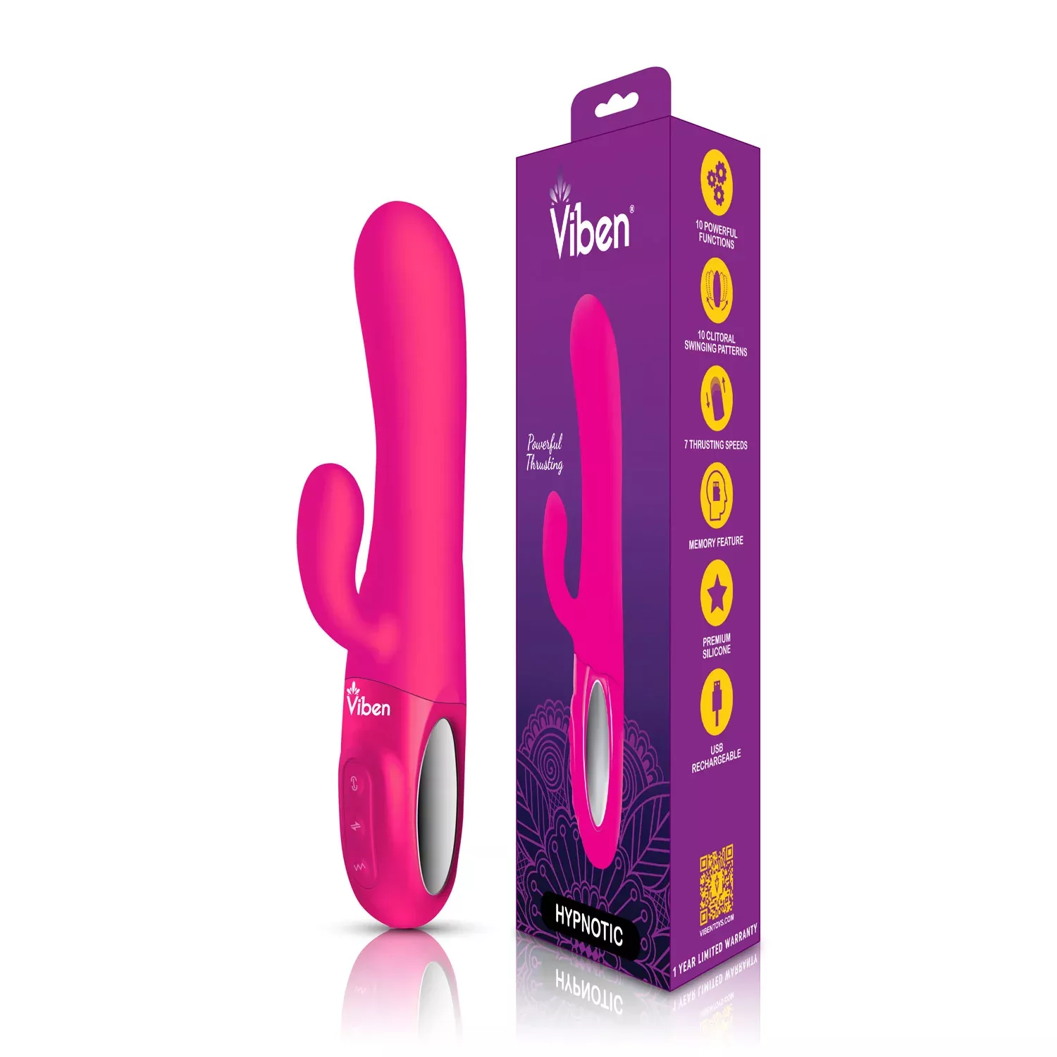 viben-hypnotic-thrusting-rabbit-vibrator-hot-pink Viben Hypnotic Thrusting Rabbit Vibrator - Hot Pink